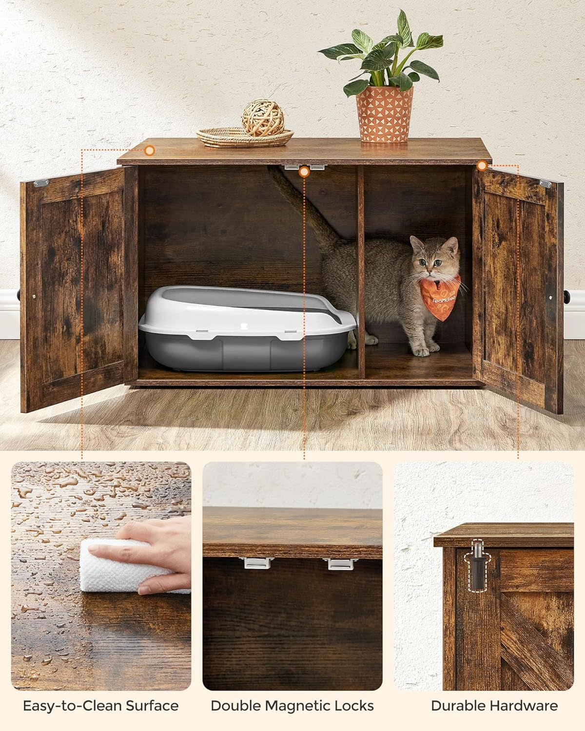 Industrial Style Cat Litter Box Enclosure, Hidden Litter Box Furniture with Removable Divider