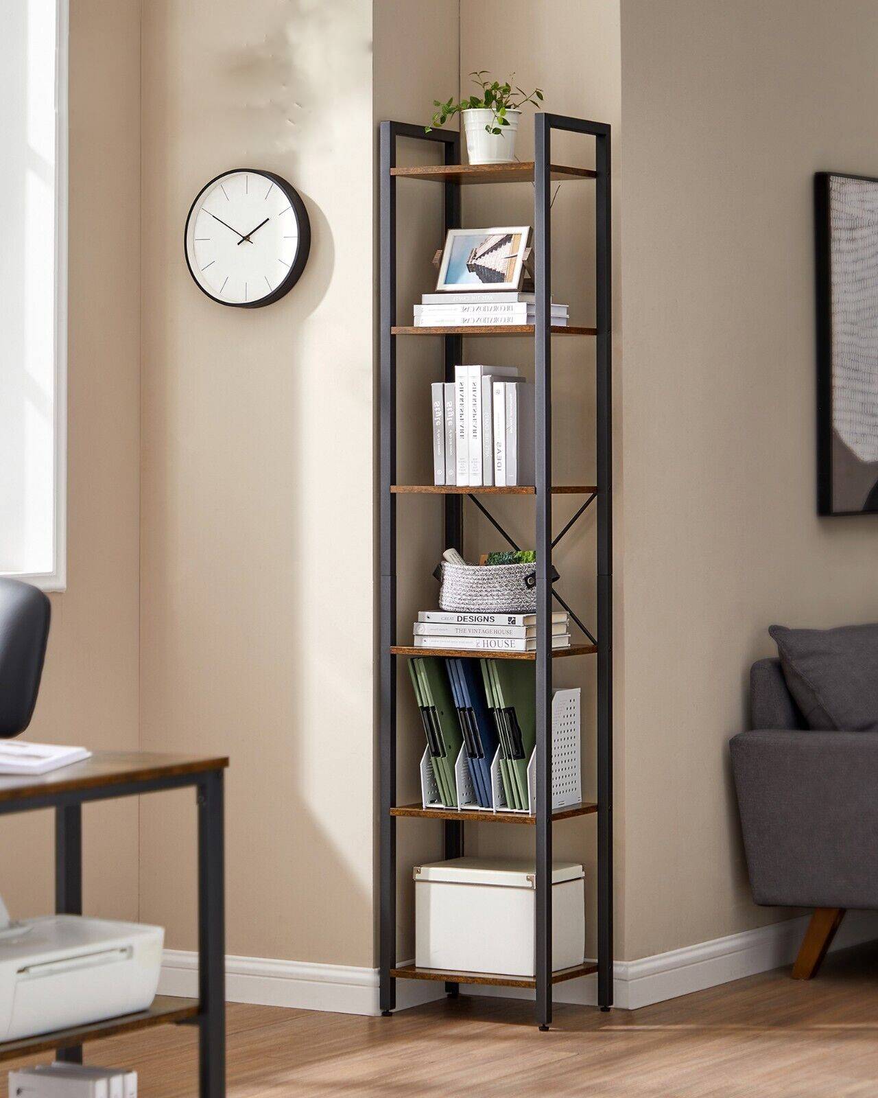 Industrial Style 6-Tier Bookshelf Bookcase Shelving Unit Industrial Rustic Brown Black