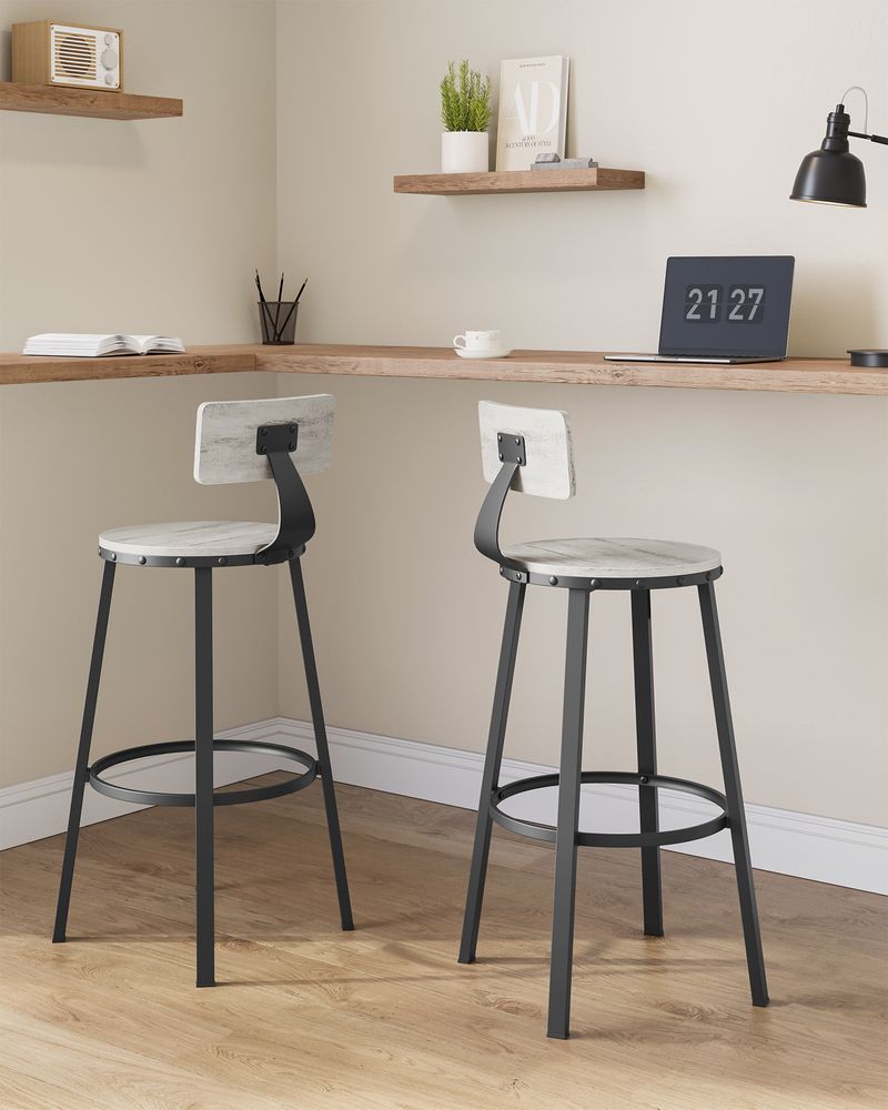 Set of 2 Tall Bar Stools, Bar Chairs with Backrest, Kitchen Stools, Breakfast