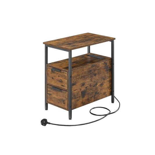 Industrial Style Slim Side Table with Charging Station, Narrow End Table with 2 Drawers