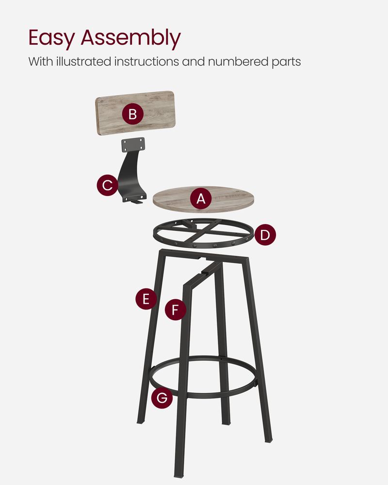 Set of 2 Tall Bar Stools, Bar Chairs with Backrest, Kitchen Stools, Breakfast