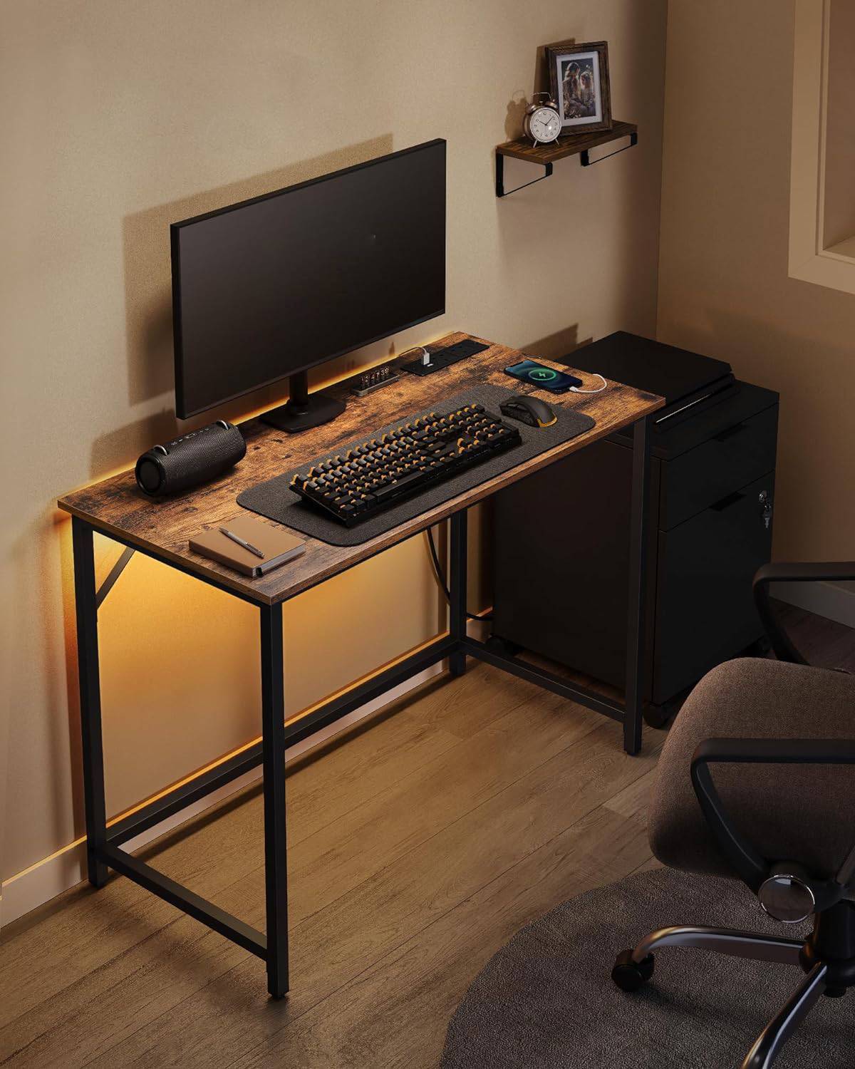 Industrial Style Computer Desk with LED Lights and Built-In Power Outlets