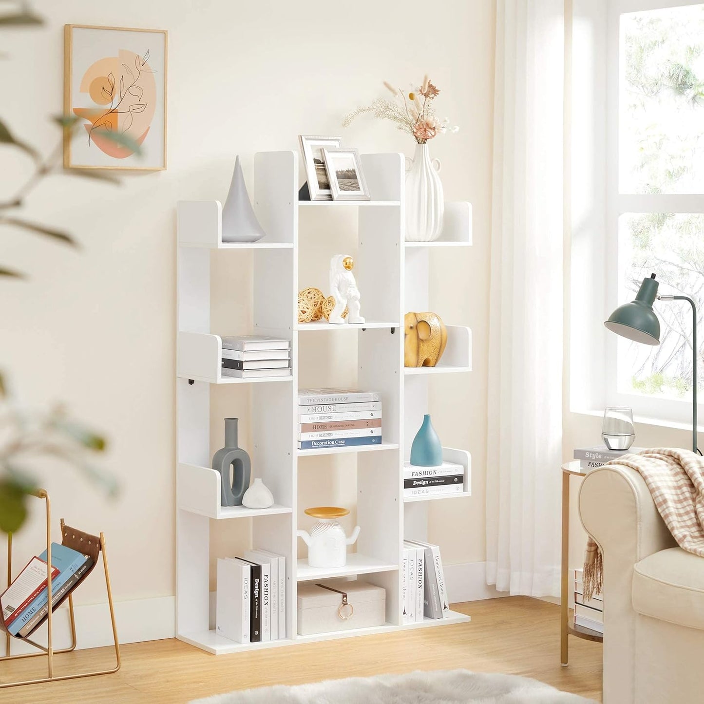 Industrial Style Bookshelf Tree-Shaped Bookcase 13 Storage Shelves Rounded Corners