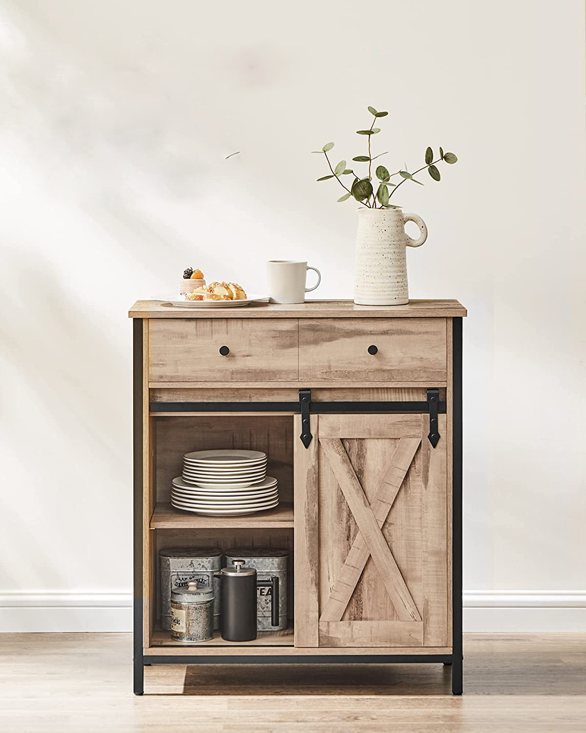 Storage Sideboard with Barn Door Rustic Brown Black