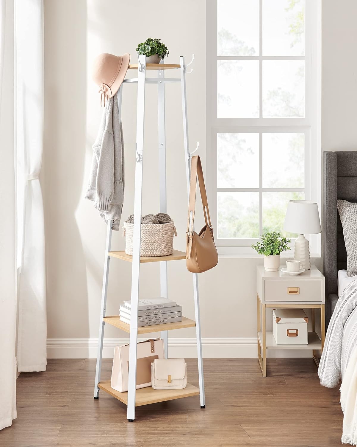 Vintage Coat Rack, Industrial Coat Stand with 3 Shelves, Ladder Shelf