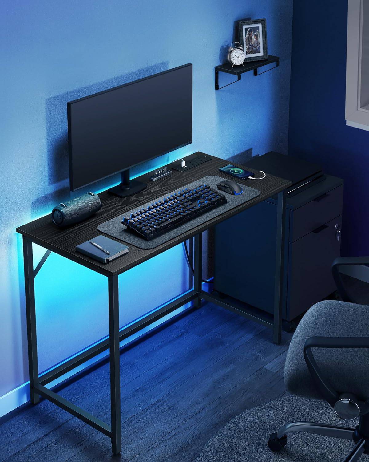 Industrial Style Computer Desk with LED Lights and Built-In Power Outlets