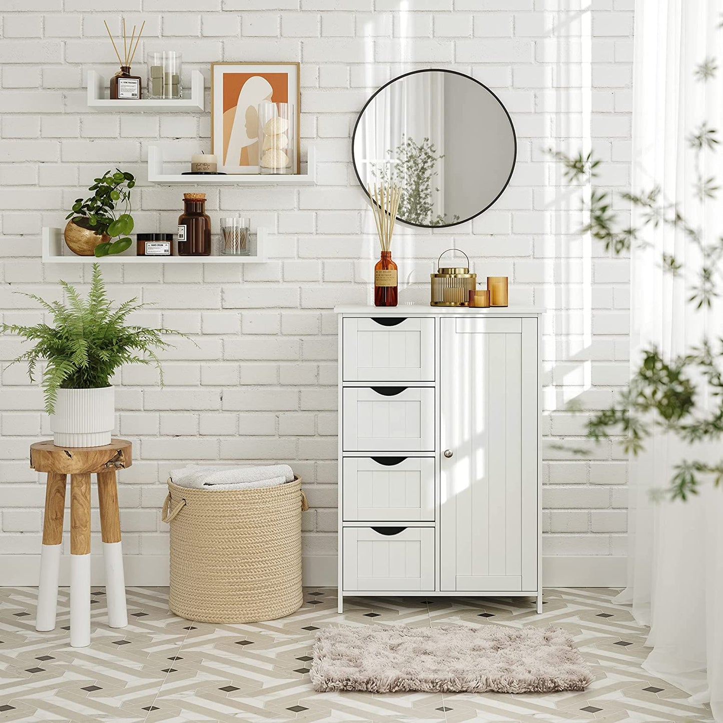 Modern Bathroom Floor Storage Cabinet, Wooden Storage Unit with 4 Drawers