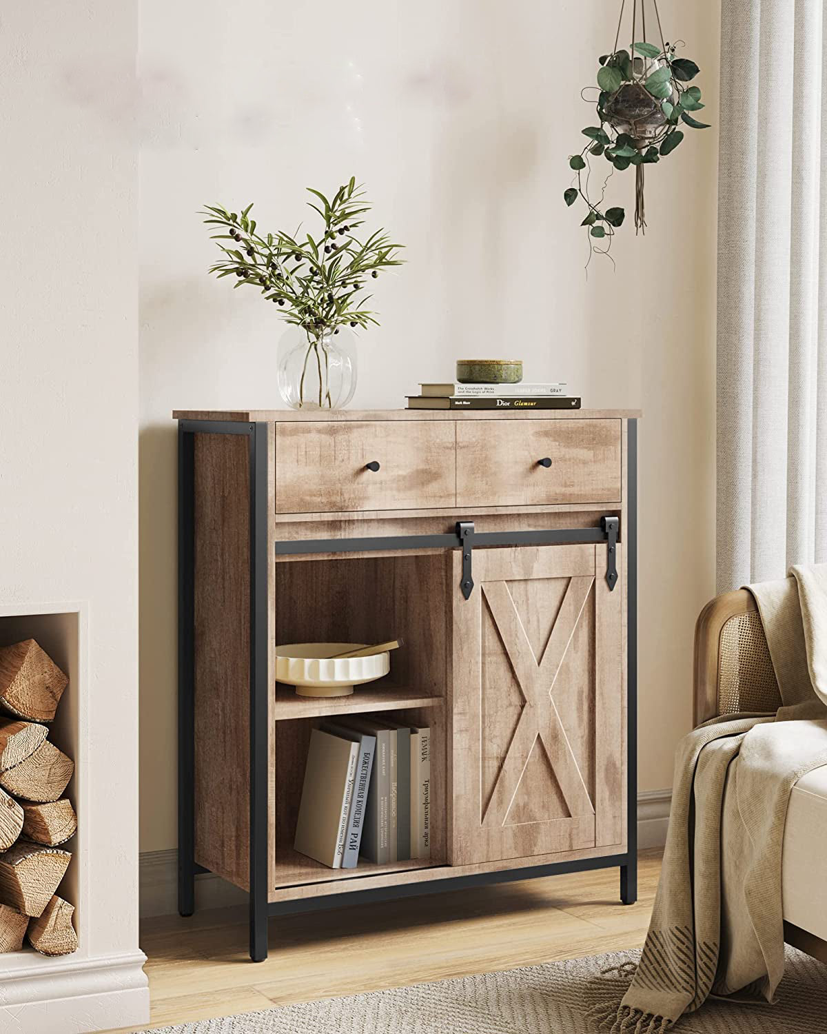 Storage Sideboard with Barn Door Rustic Brown Black