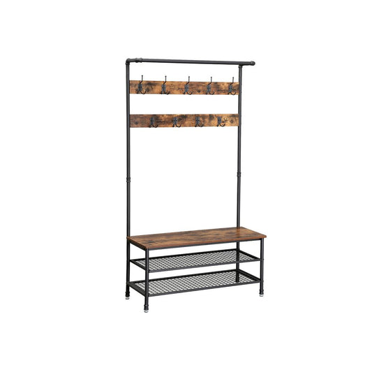 Industrial Style Coat Rack Stand, Large Hall Tree with Bench and Shoe Storage