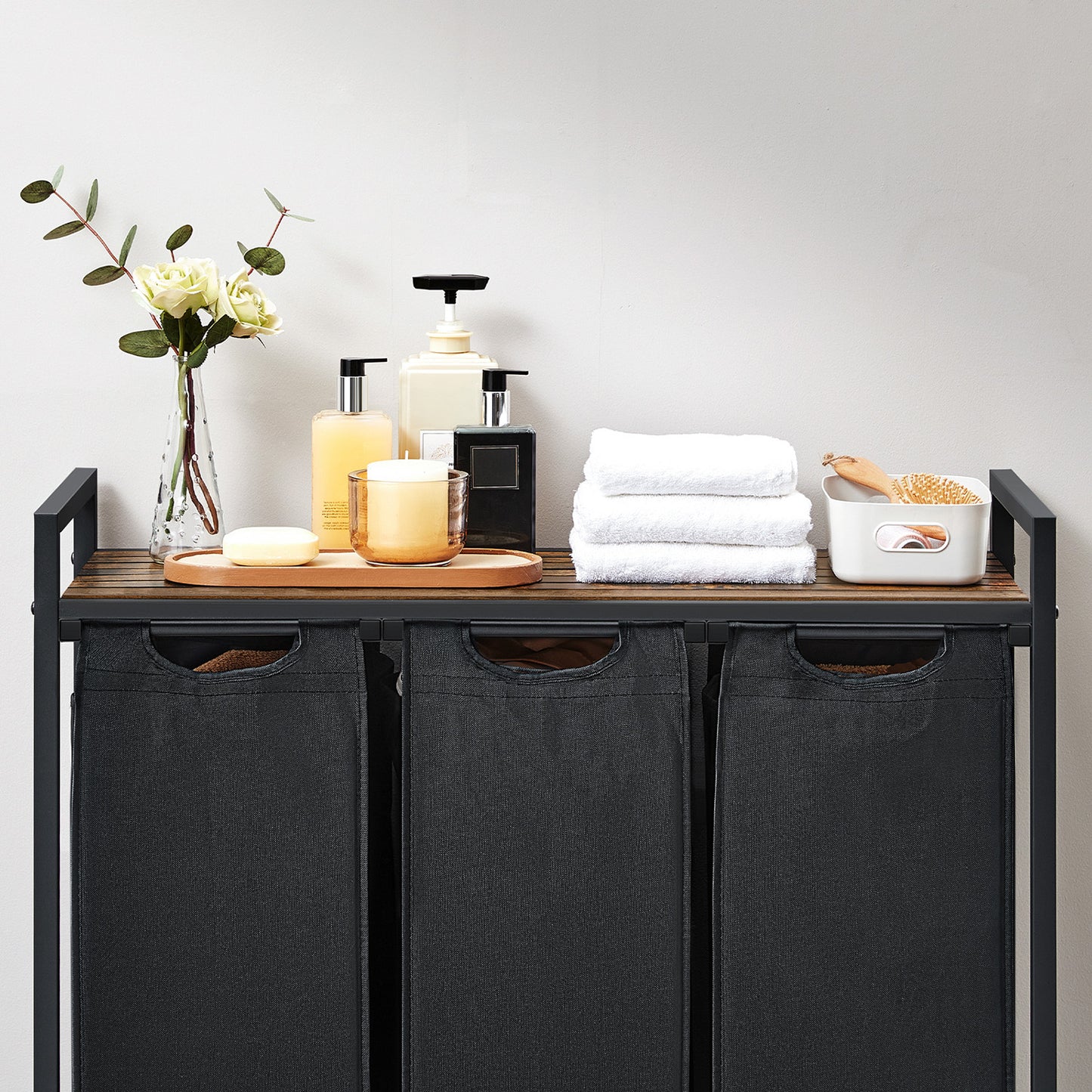 Industrial Style Laundry Basket with 3 Pull-Out and Removable Bags