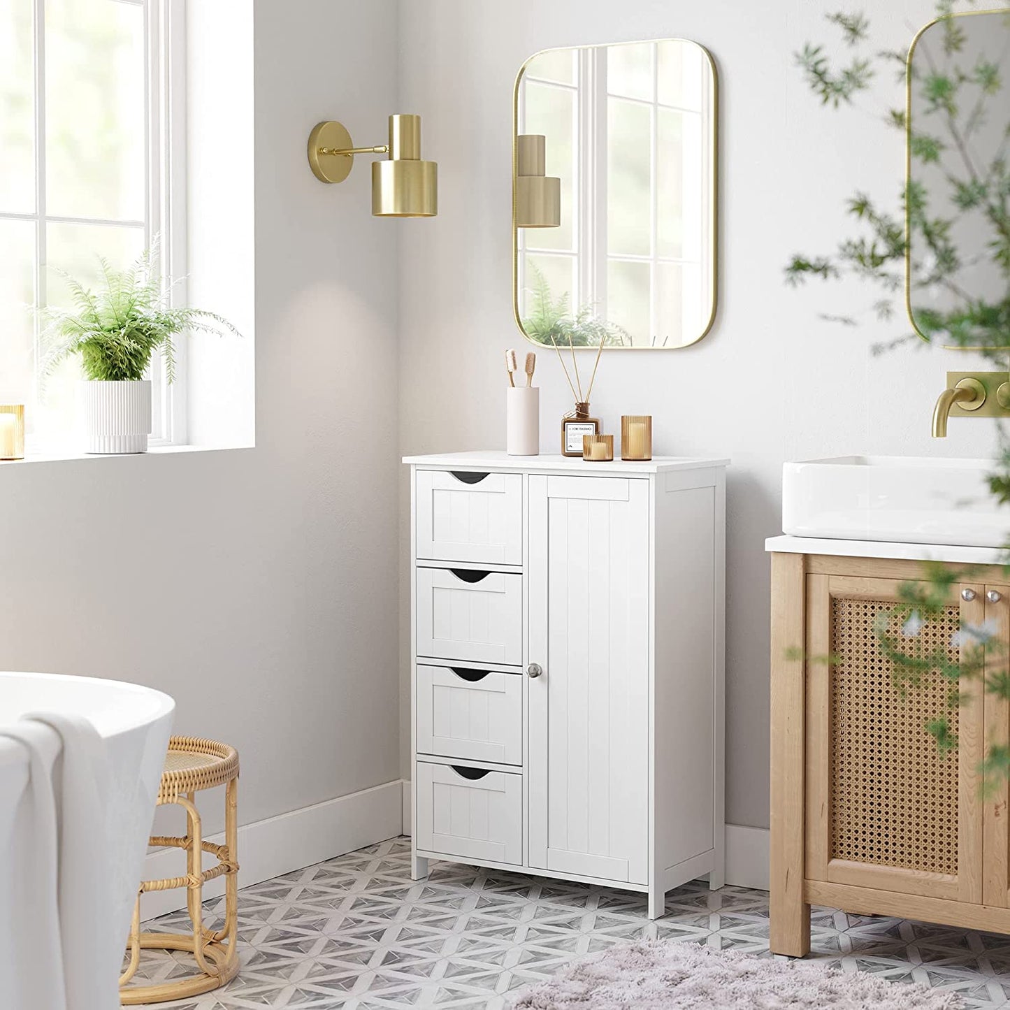 Modern Bathroom Floor Storage Cabinet, Wooden Storage Unit with 4 Drawers