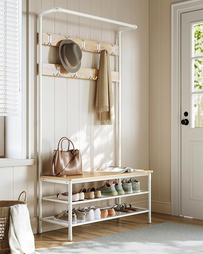 Industrial Style Coat Rack Stand, Large Hall Tree with Bench and Shoe Storage