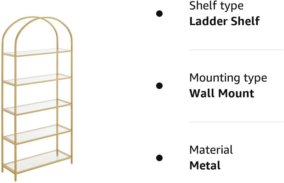 5 Tier Shelf, Tempered Glass Shelving Unit, Arched Design, Steel Construction, for Living Room, Working Bathroom