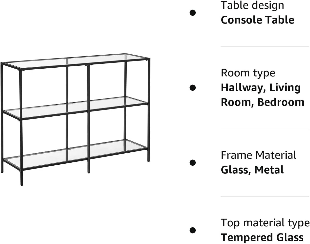 Black Console Table, 3 Shelf Coffee Table, Tempered Glass Shelf, 100 X 30 X 73 Cm, Steel Frame, Contemporary for Hallway Living Room, Black