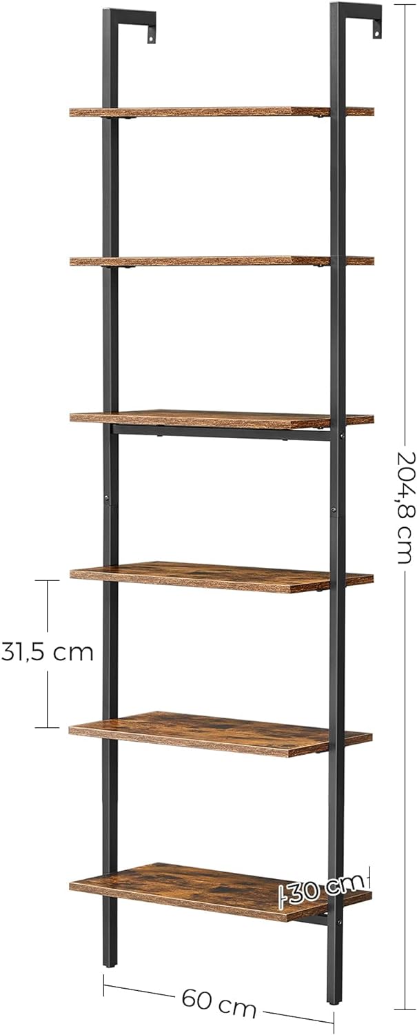 Insutrial Style 6-Tier Bookshelf and Ladder Shelf, Wall Shelf for Living Room, Office, Kitchen, Bedroom