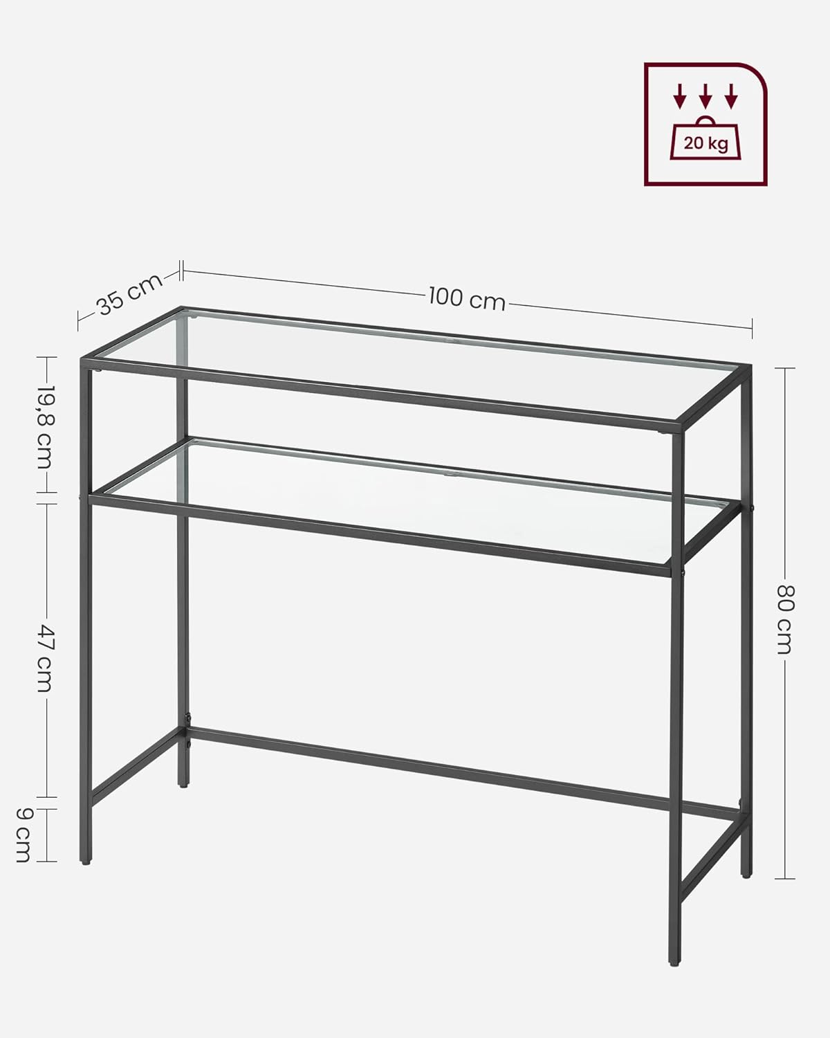 Black 2 Storage Shelf Console Table, Entrance Table, Sofa End, Tempered Glass Table Top