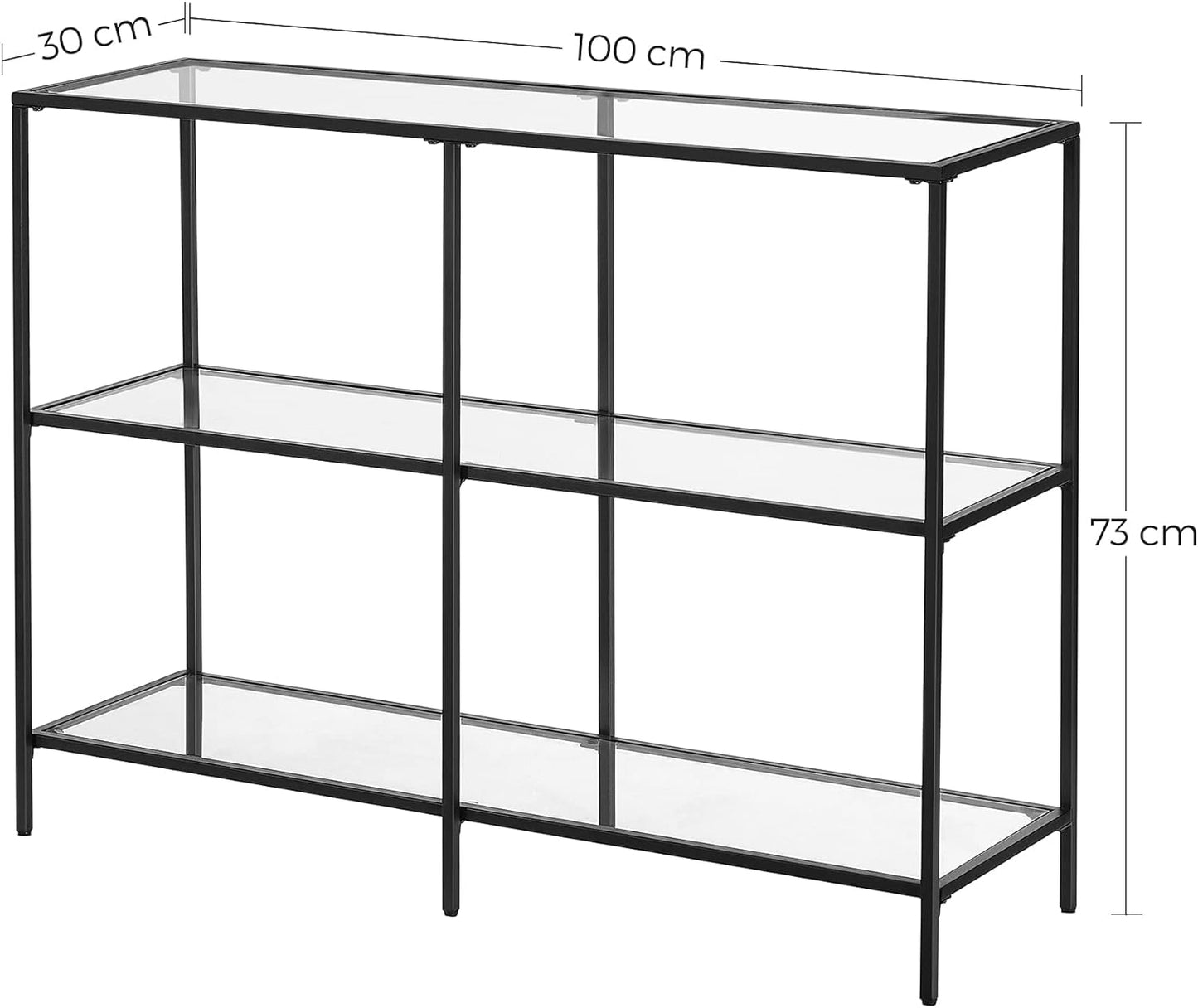 Black Console Table, 3 Shelf Coffee Table, Tempered Glass Shelf, 100 X 30 X 73 Cm, Steel Frame, Contemporary for Hallway Living Room, Black