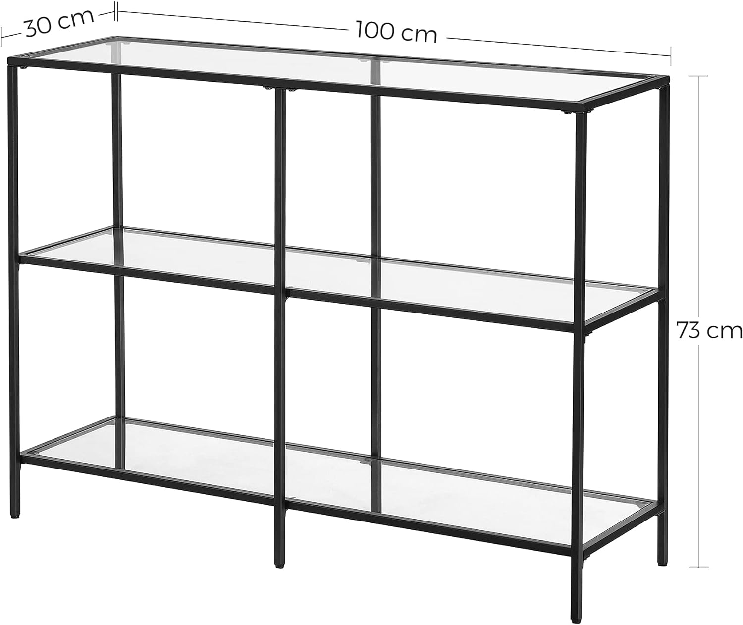 Black Console Table, 3 Shelf Coffee Table, Tempered Glass Shelf, 100 X 30 X 73 Cm, Steel Frame, Contemporary for Hallway Living Room, Black