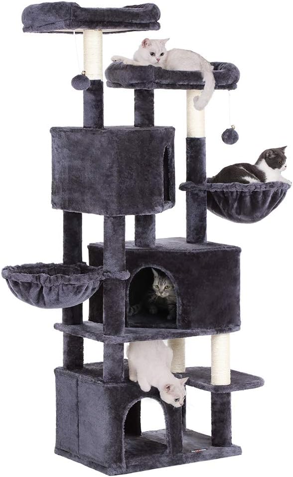 Large Cat Tree with 3 Cat Caves, 164 Cm Cat Tower, Smoky Grey PCT98G