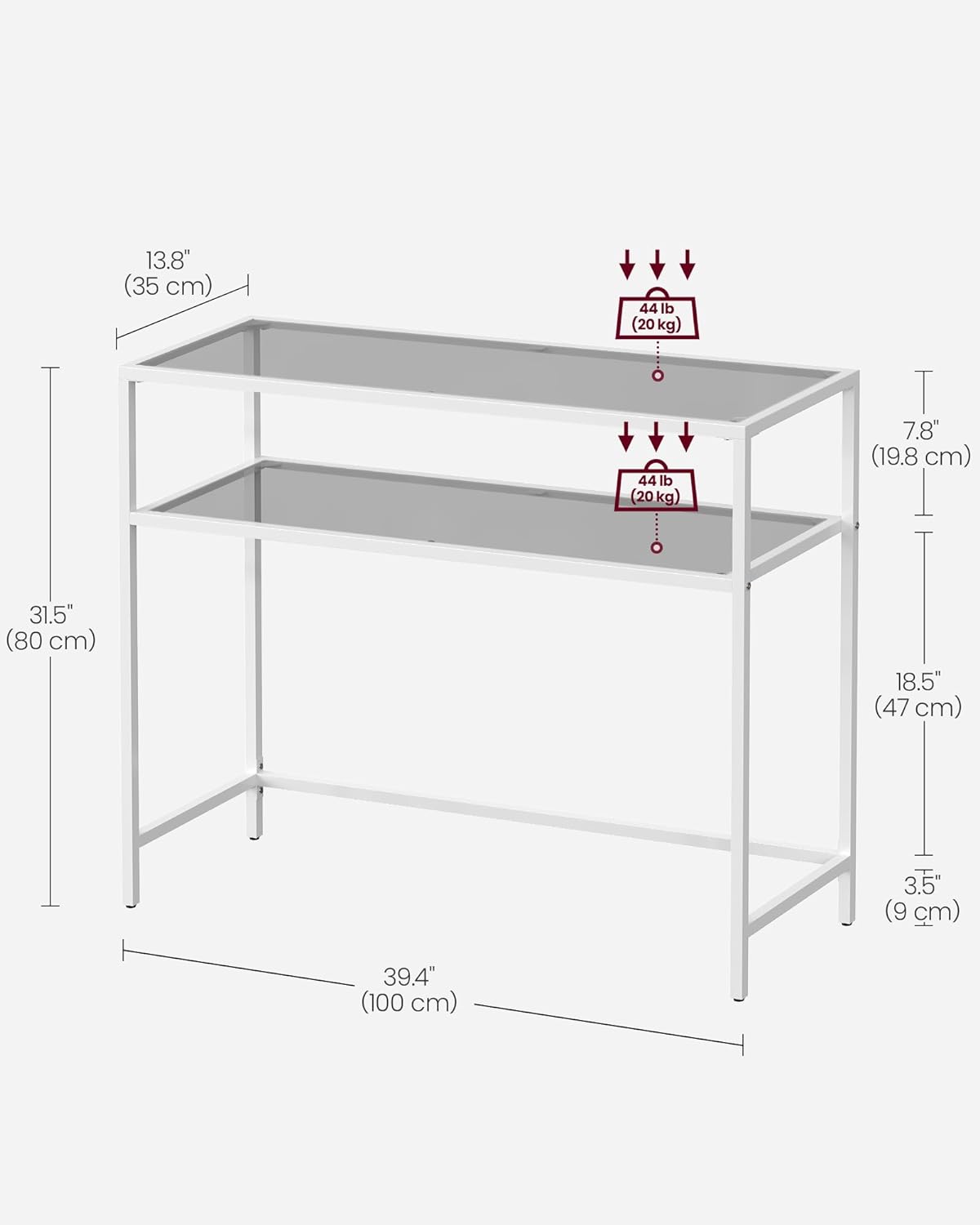 White Console Table, Side Table, Tempered Glass Tabletop, Modern Sofa Table, Easy Assembly, with 2 Shelves, Adjustable Feet