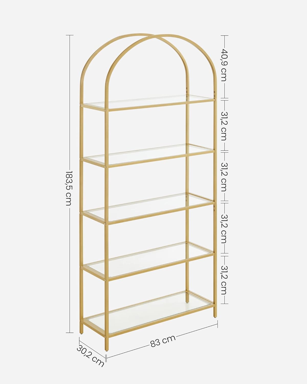 5 Tier Shelf, Tempered Glass Shelving Unit, Arched Design, Steel Construction, for Living Room, Working Bathroom