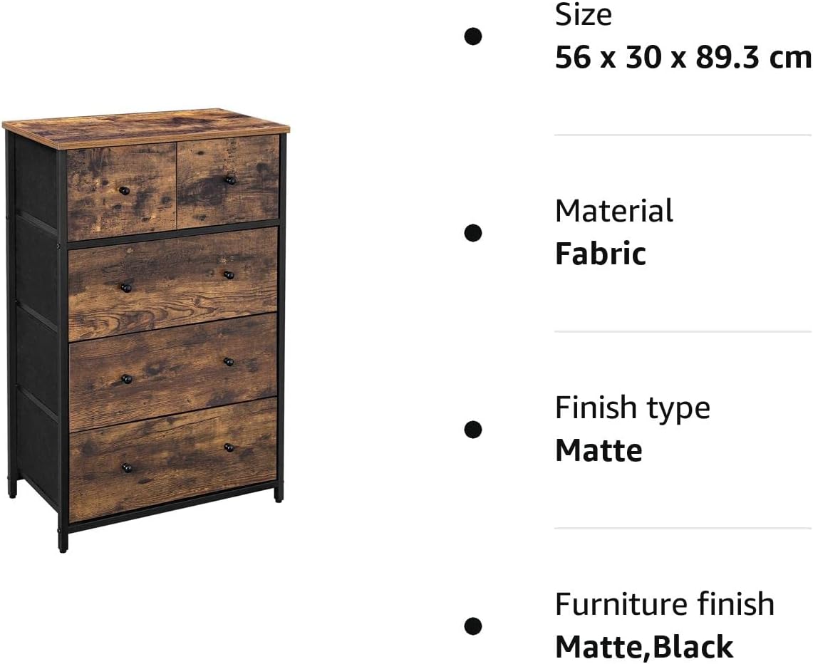 Industrial Style Chest of Drawers, Fabric 5-Drawer Storage Organiser Unit