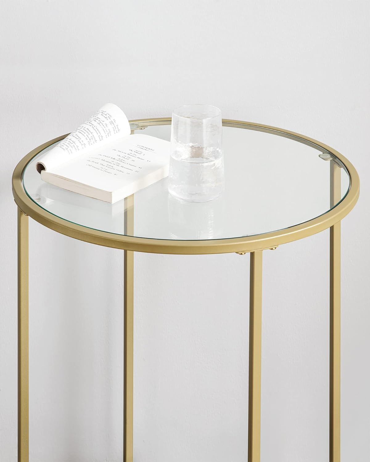 Gold round Side Table, Small Coffee Table, 2-Tier Tempered Glass End Table with Steel Frame