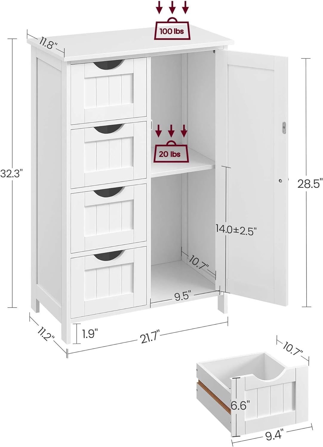 Modern Bathroom Floor Storage Cabinet, Wooden Storage Unit with 4 Drawers