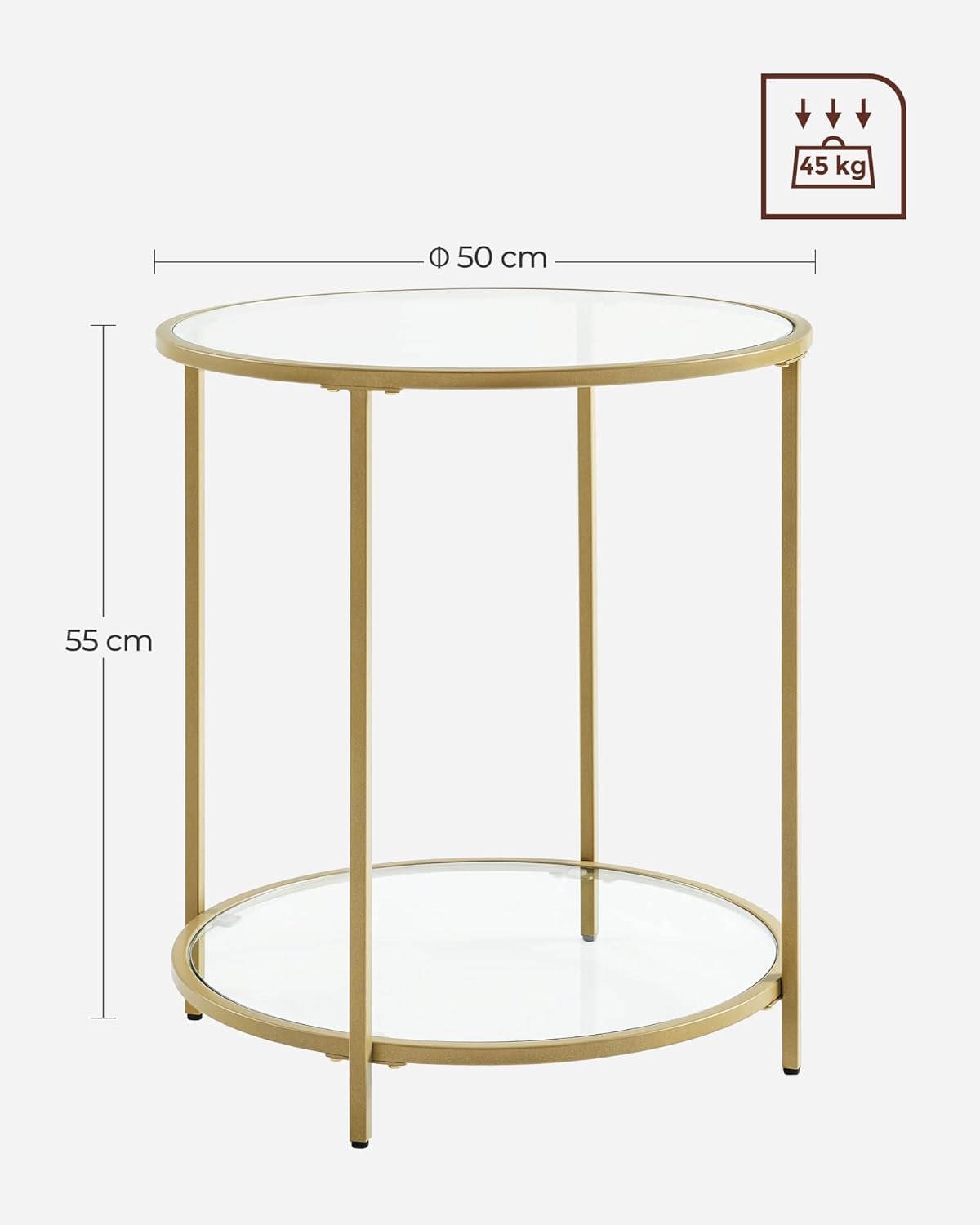 Gold round Side Table, Small Coffee Table, 2-Tier Tempered Glass End Table with Steel Frame