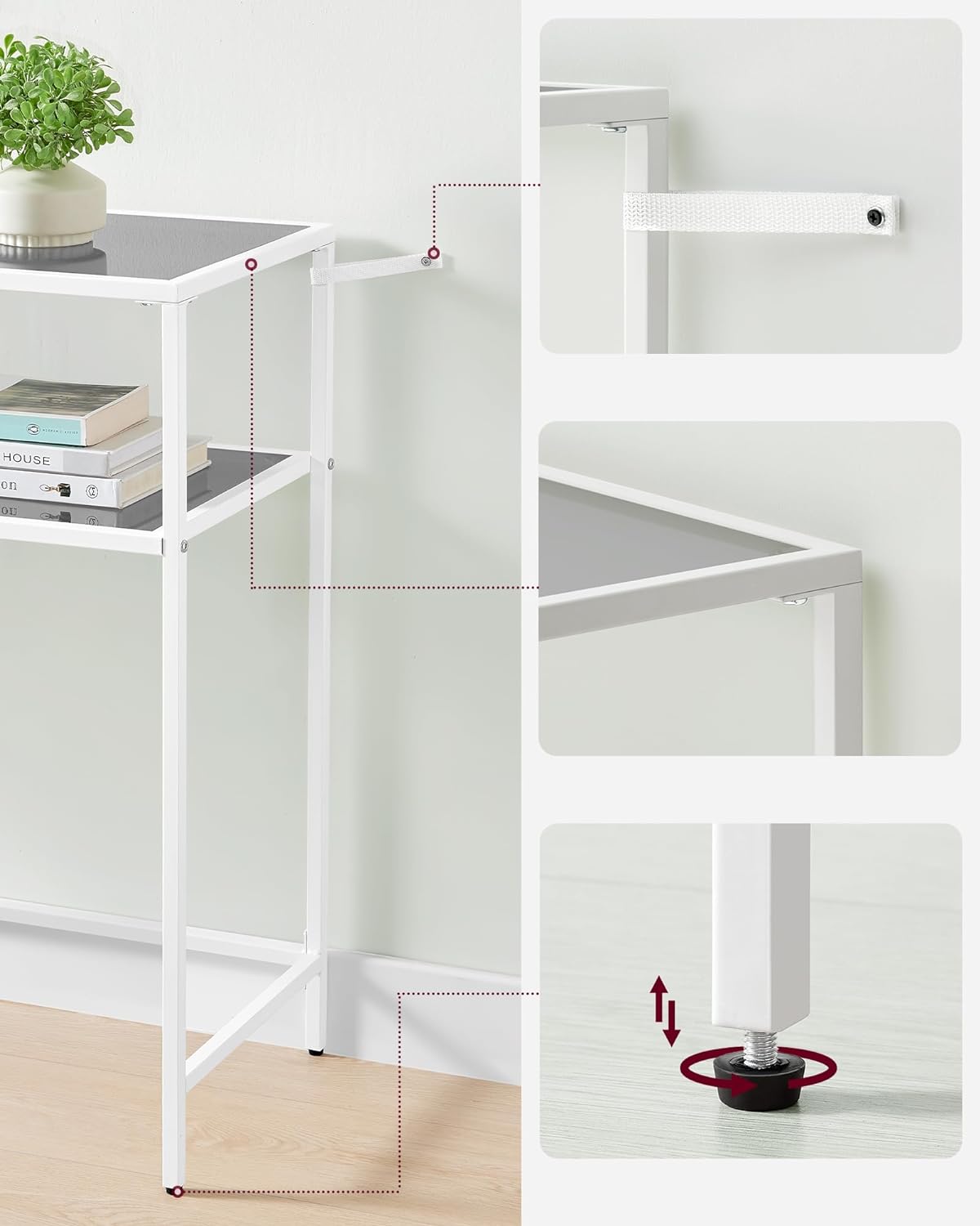 White Console Table, Side Table, Tempered Glass Tabletop, Modern Sofa Table, Easy Assembly, with 2 Shelves, Adjustable Feet