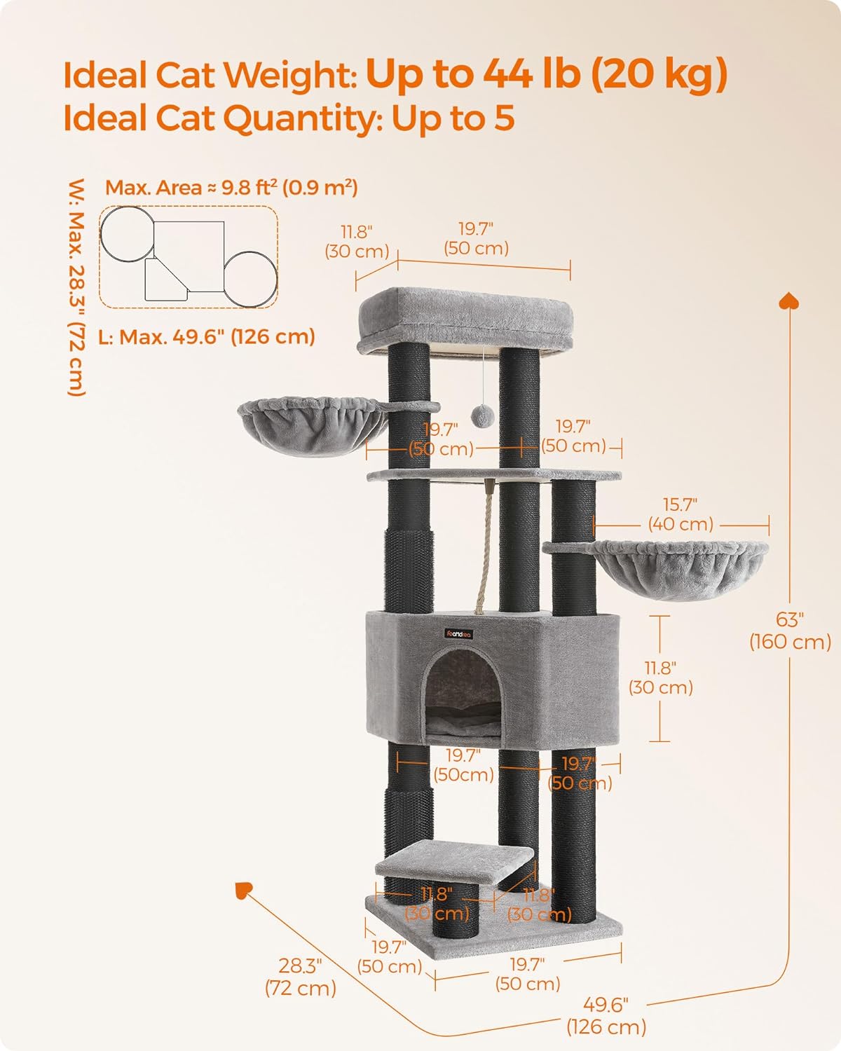 Cat Tree for Large Cats, Heavy-Duty Cat Tower with Self-Warming Pads,