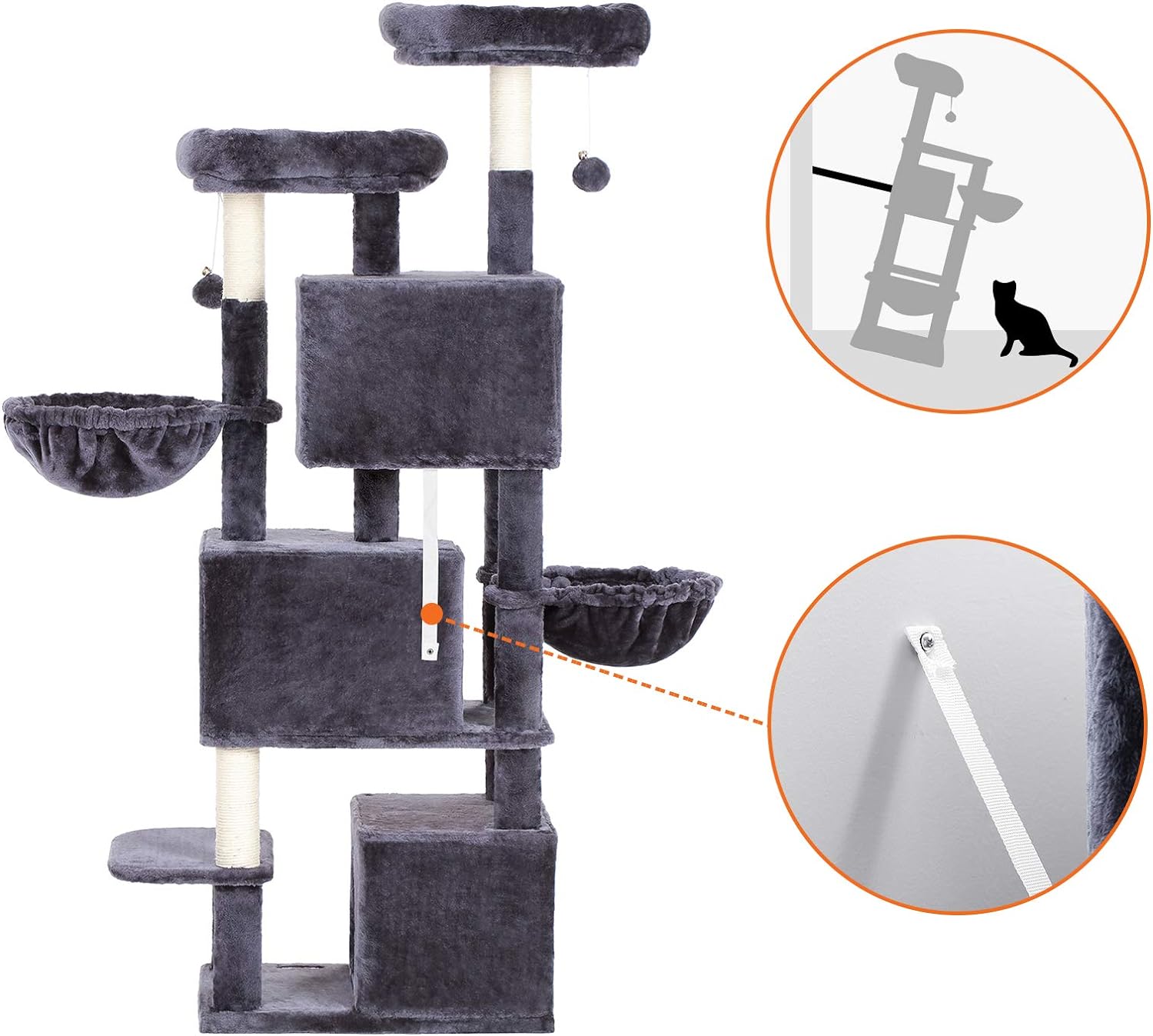 Large Cat Tree with 3 Cat Caves, 164 Cm Cat Tower, Smoky Grey PCT98G