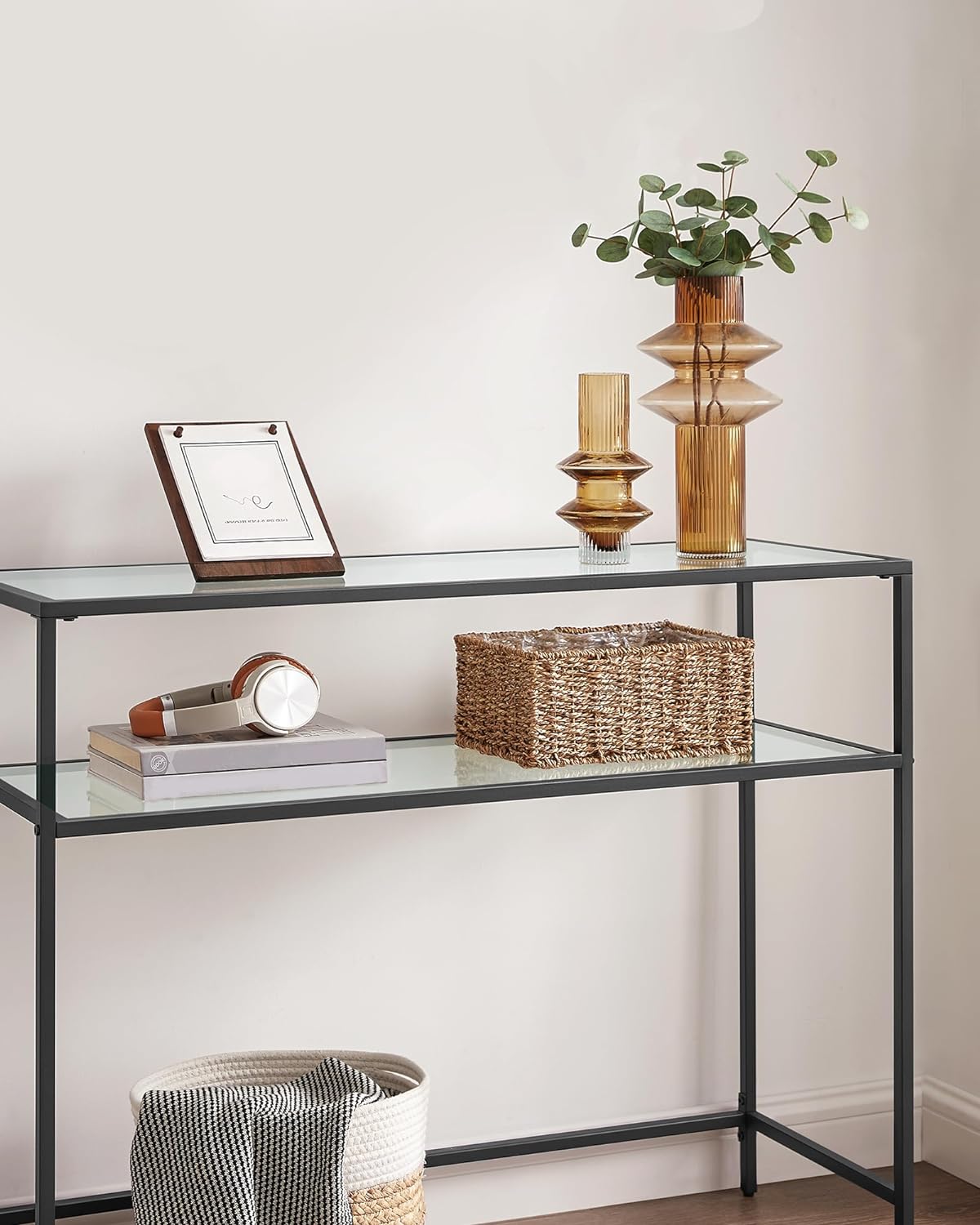 Black 2 Storage Shelf Console Table, Entrance Table, Sofa End, Tempered Glass Table Top