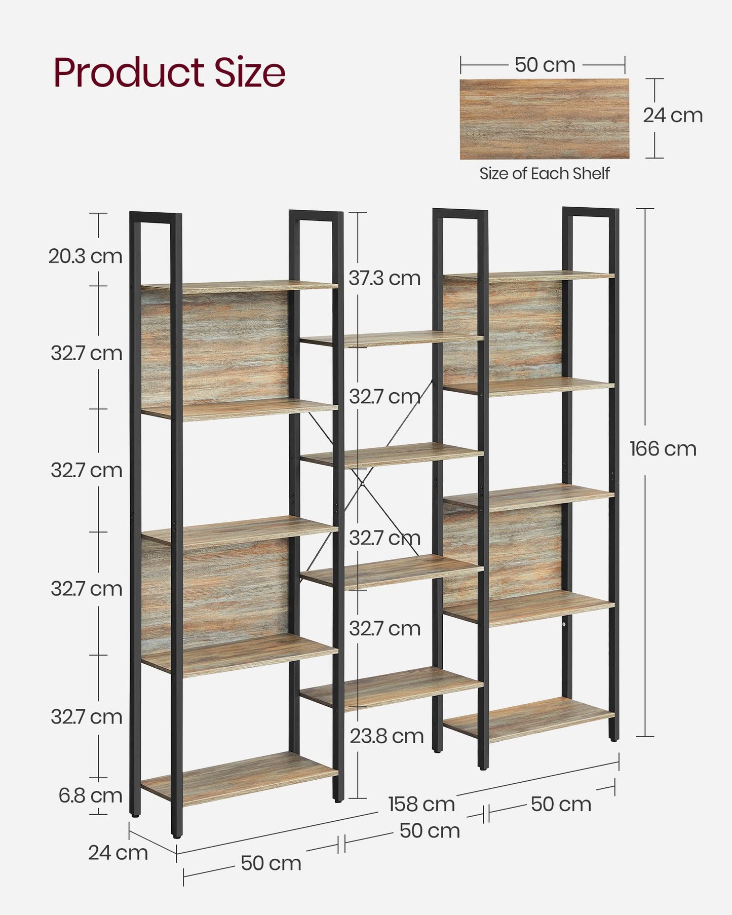 Industrial Style Bookshelf with 14 Shelves