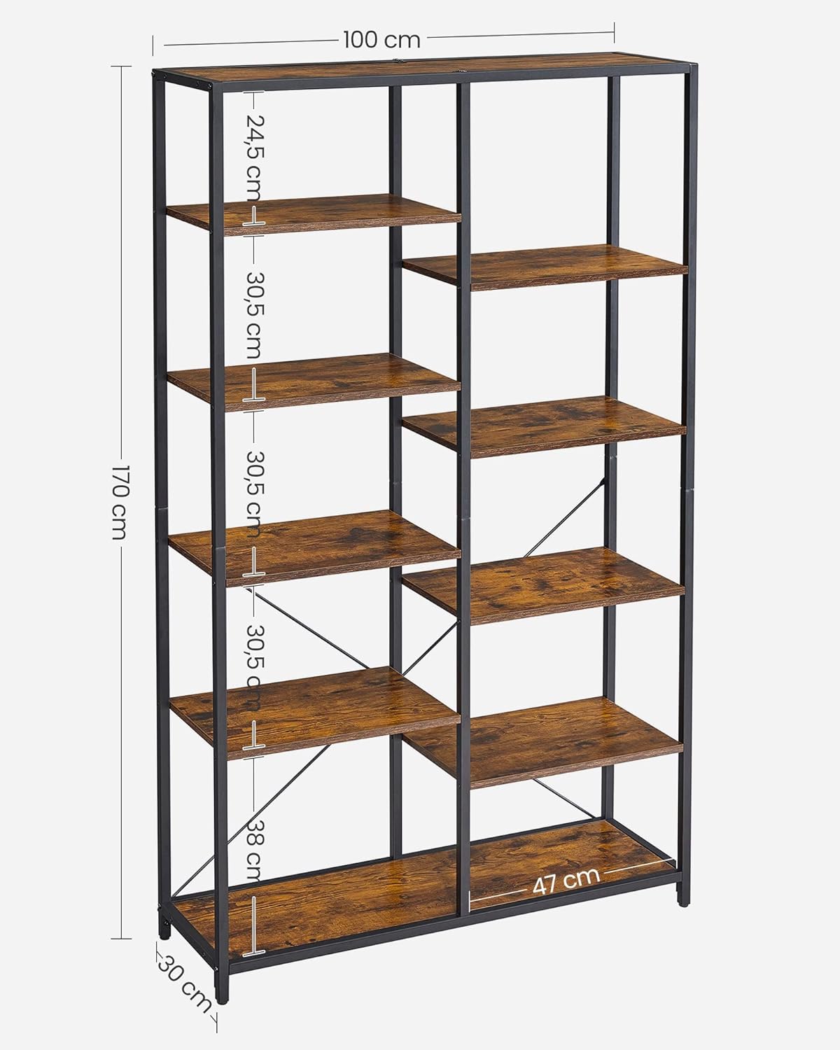 Industrial Style 5-Tier Bookcase - Rustic Brown & Black, Perfect for Any Room, Easy Assembly