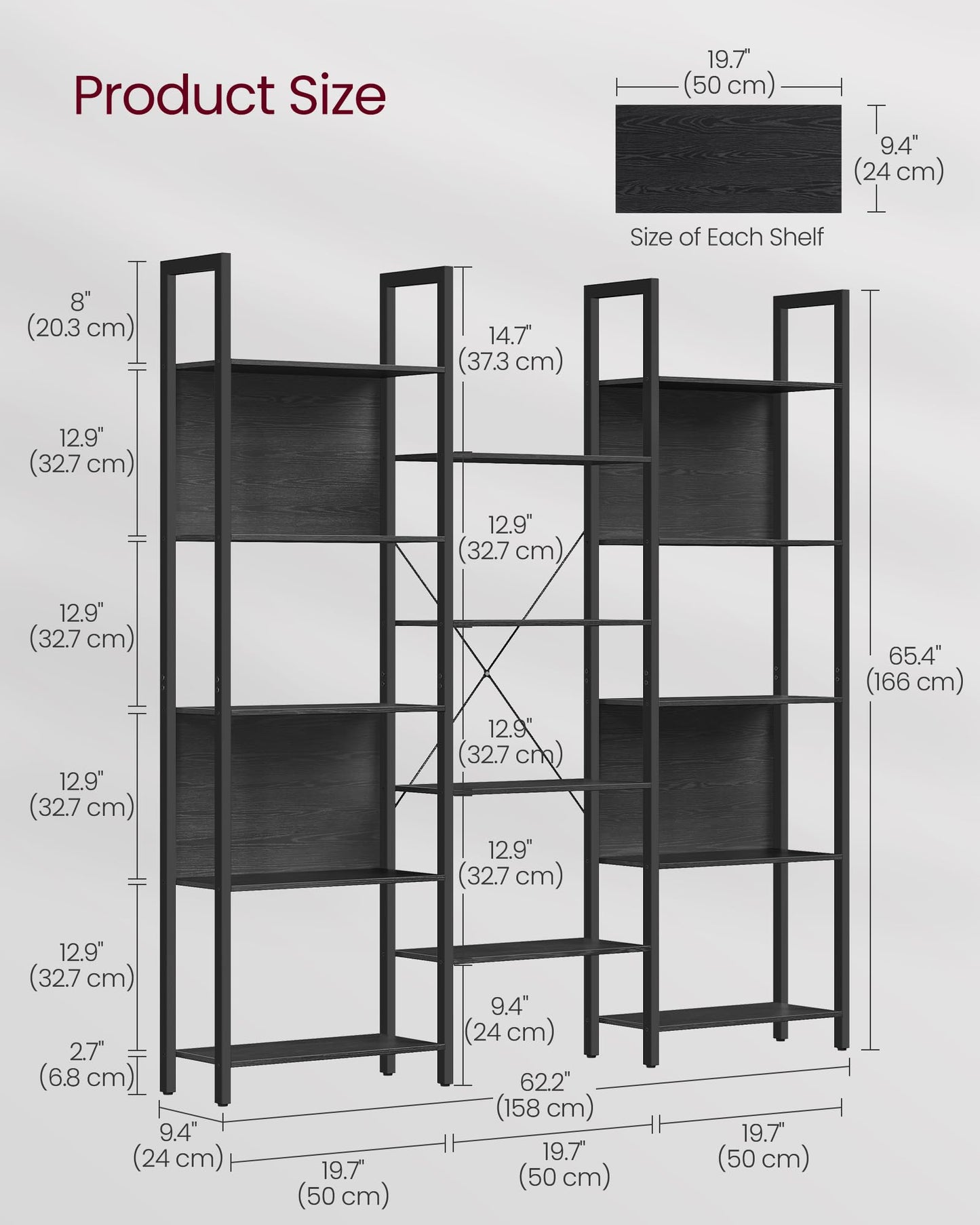 Industrial Style Bookshelf with 14 Shelves