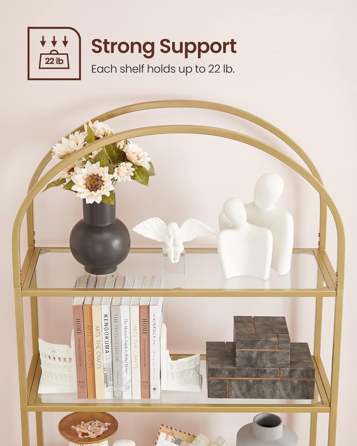 5 Tier Shelf, Tempered Glass Shelving Unit, Arched Design, Steel Construction, for Living Room, Working Bathroom