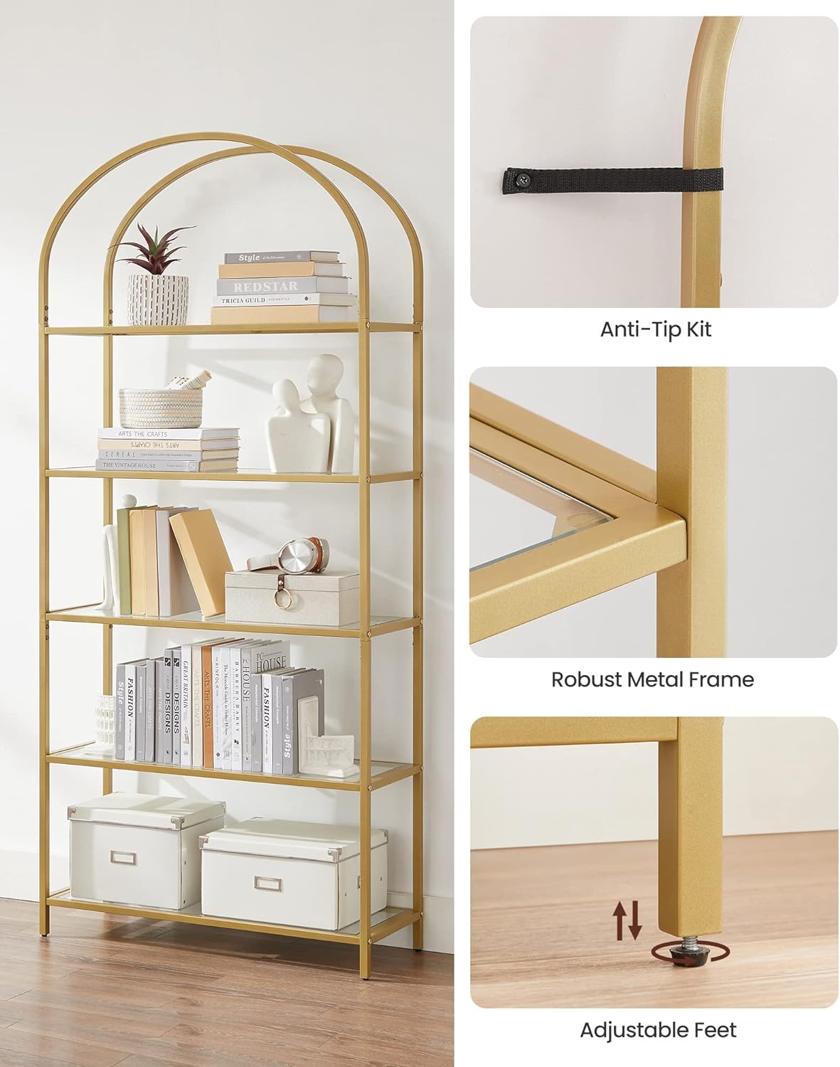 5 Tier Shelf, Tempered Glass Shelving Unit, Arched Design, Steel Construction, for Living Room, Working Bathroom