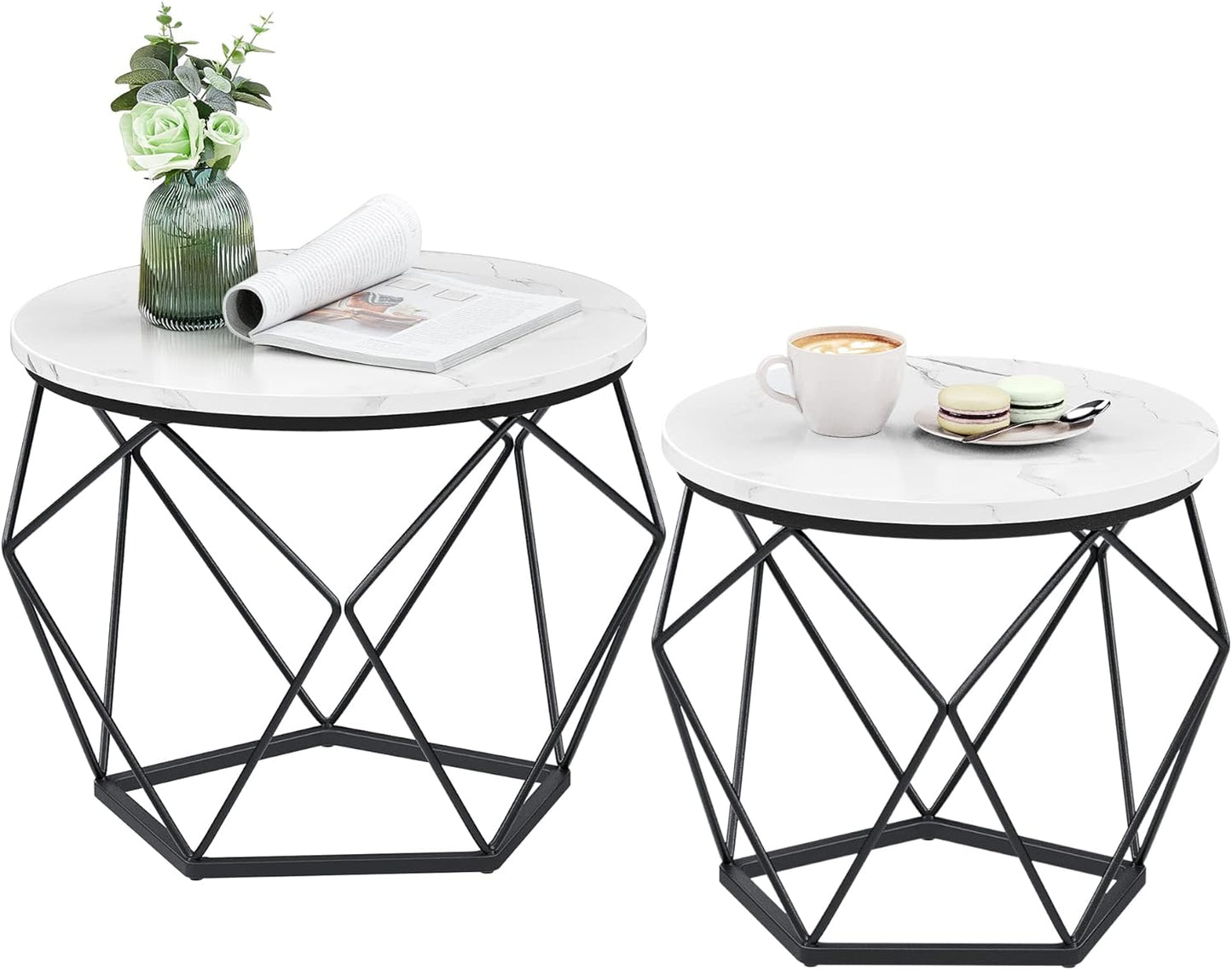 Industrial Style Chic Round Coffee Tables Set - 2 Side Tables with Removable Tabletop