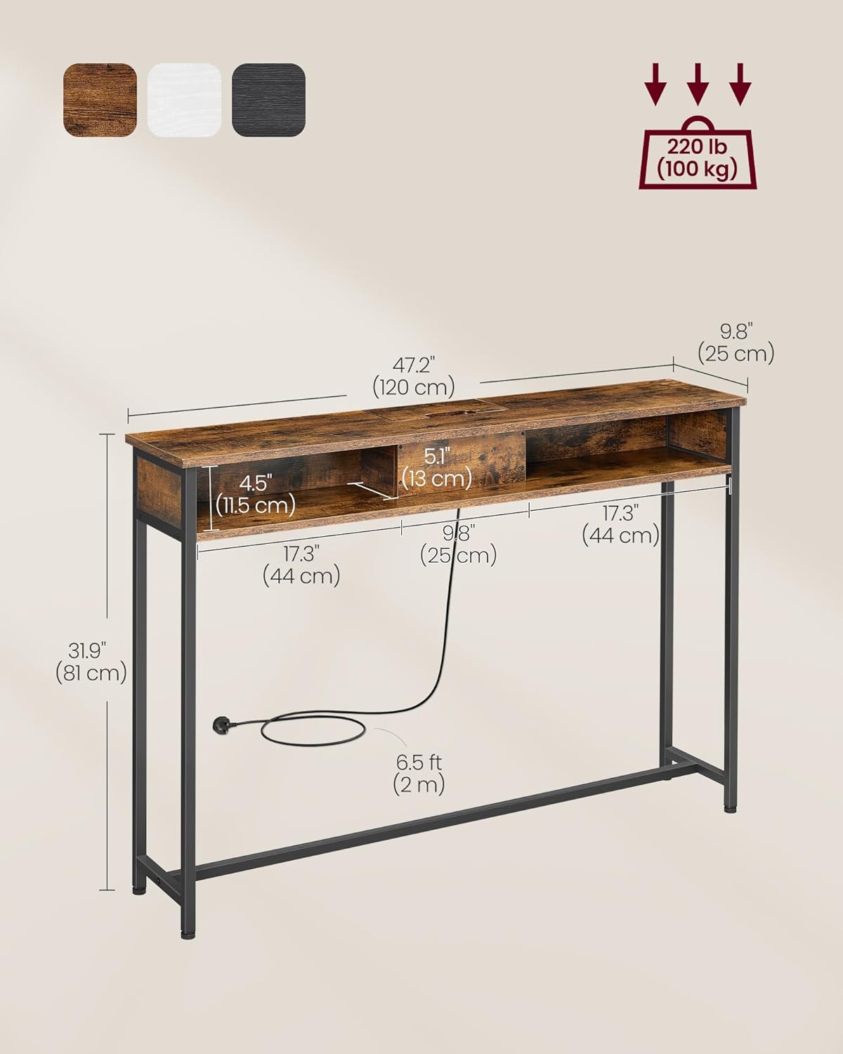 Industrial Style Console Table with Charging Station, Slim Console Table for Hallway, Narrow Table with 2 Compartments