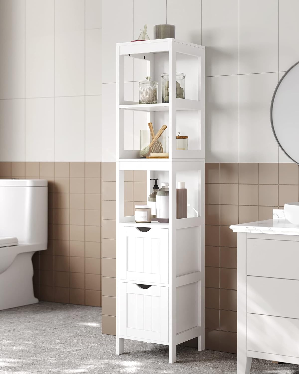 High Cabinet Bathroom Storage Cabinet with Legs Slim Column with 2 Drawers