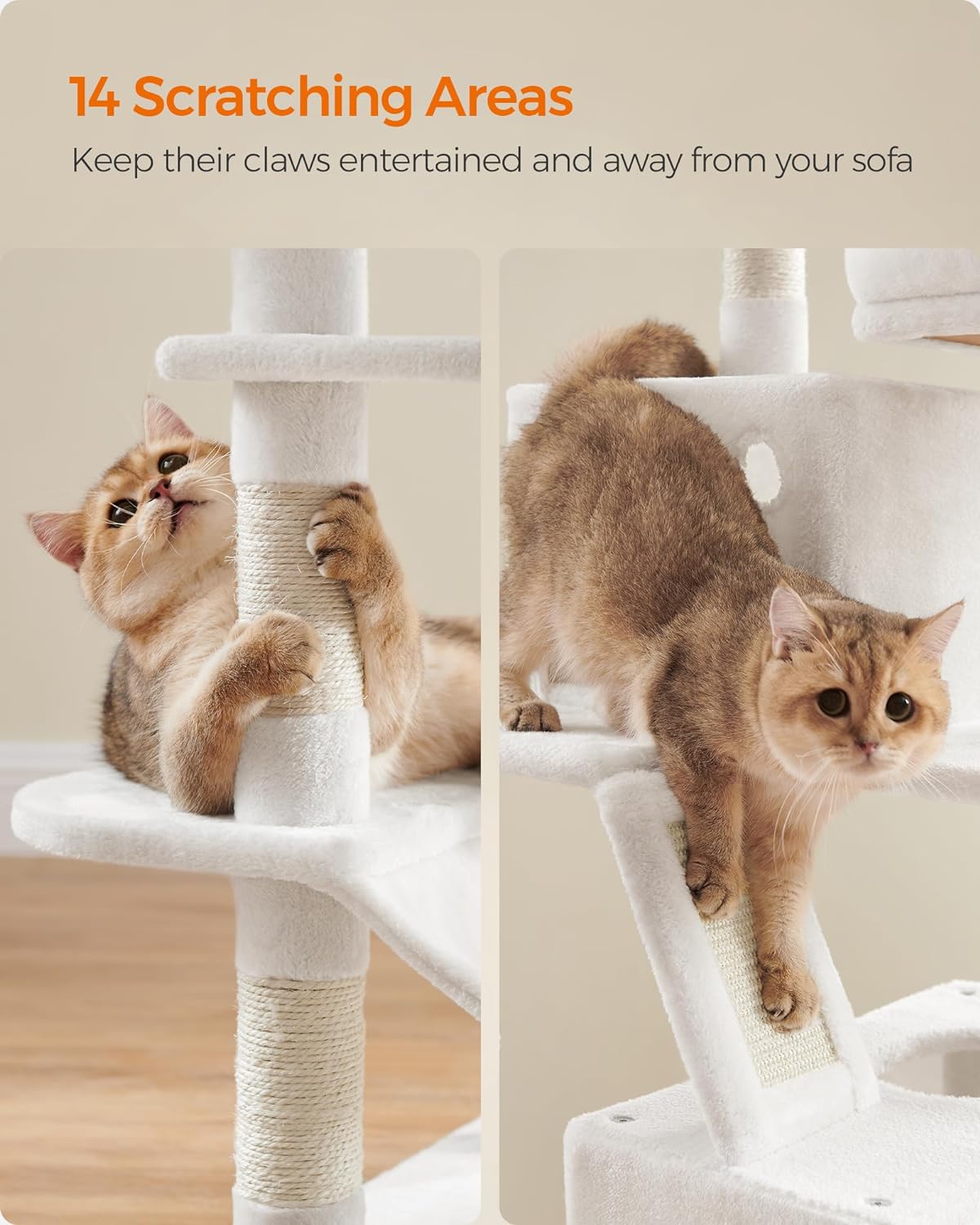 Cat Tree, 168 and 206 Cm Large Cat Tower with 13 Scratching Posts, 1 Scratching Ramp, 2 Perches, 2 Caves, Basket, Hammock, Pompoms, Multi-Level Plush Cat Condo for Indoor Cats, Cream White