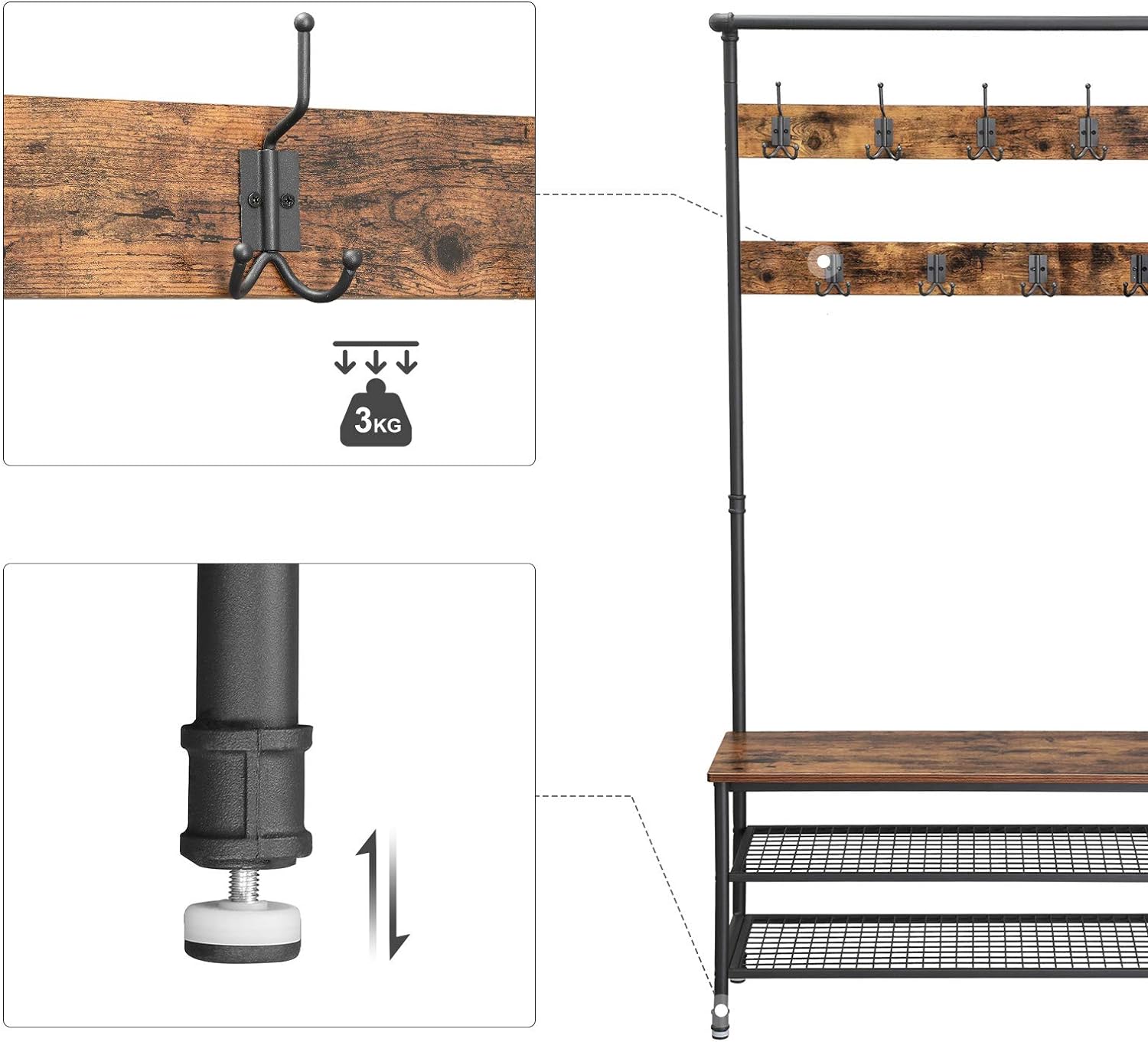 Industrial Style Coat Rack Stand, Large Hall Tree with Bench and Shoe Storage