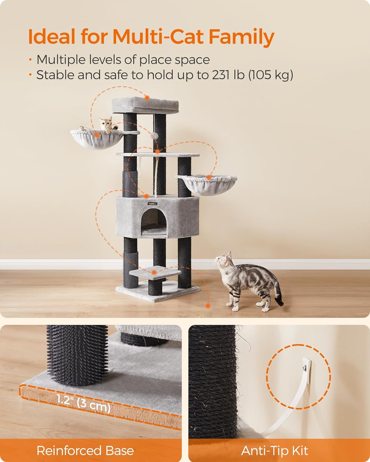 Cat Tree for Large Cats, Heavy-Duty Cat Tower with Self-Warming Pads,