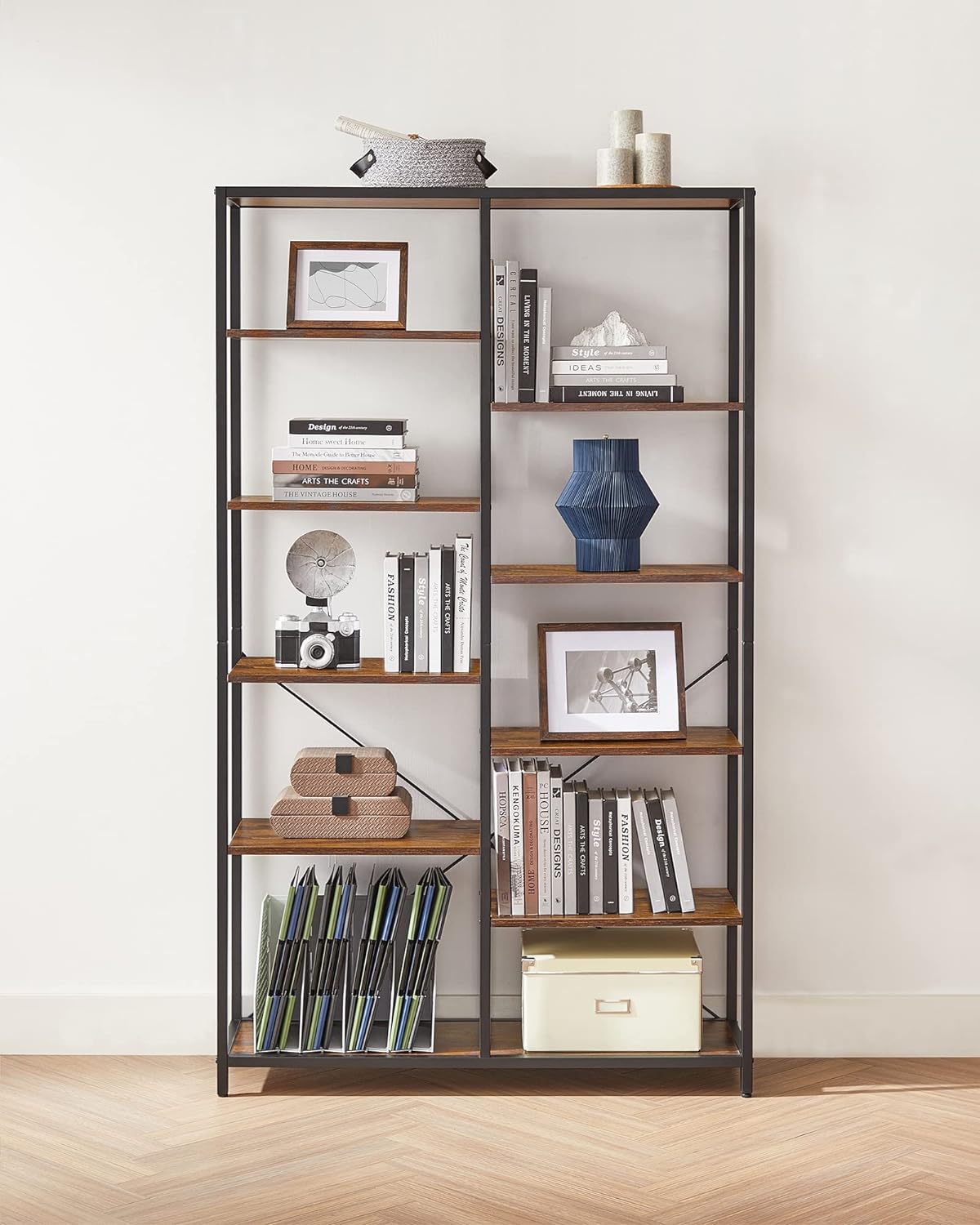 Industrial Style 5-Tier Bookcase - Rustic Brown & Black, Perfect for Any Room, Easy Assembly