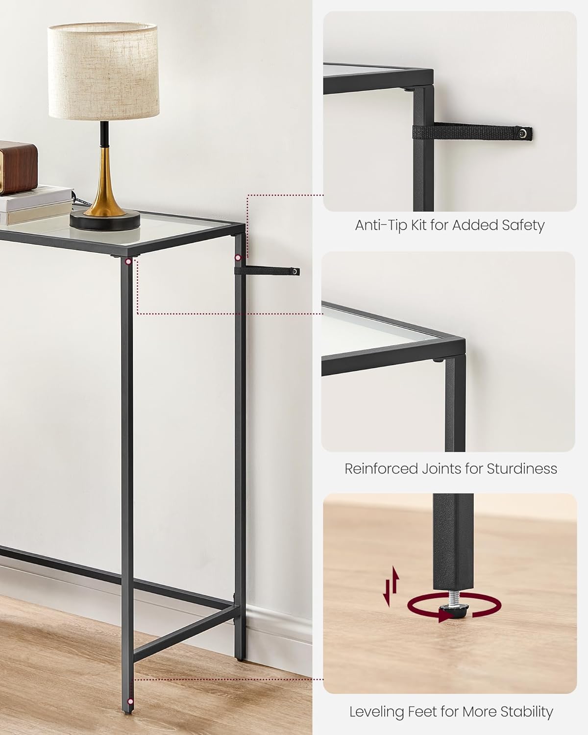 Console Table, Entrance Table, Sofa End, Tempered Glass Table Top, Easy Assembly, Adjustable Legs, for Living Room, Entrance, Hallway, Black and Transparent LGT026B01