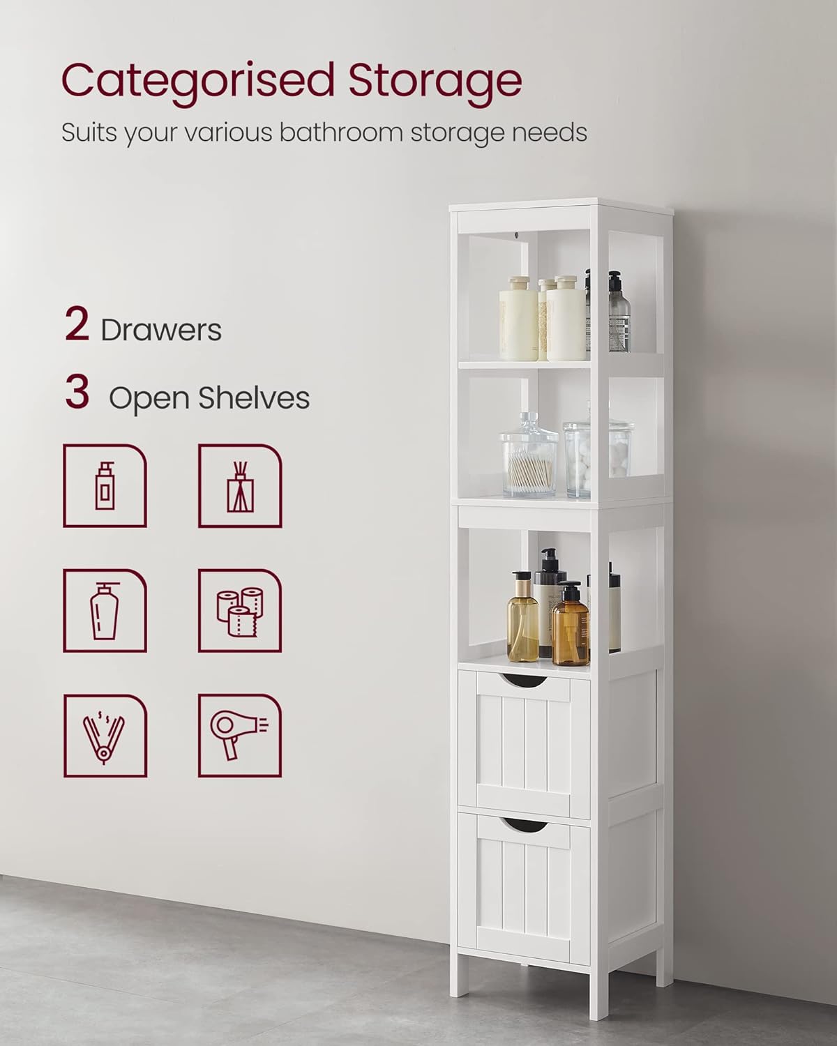 High Cabinet Bathroom Storage Cabinet with Legs Slim Column with 2 Drawers