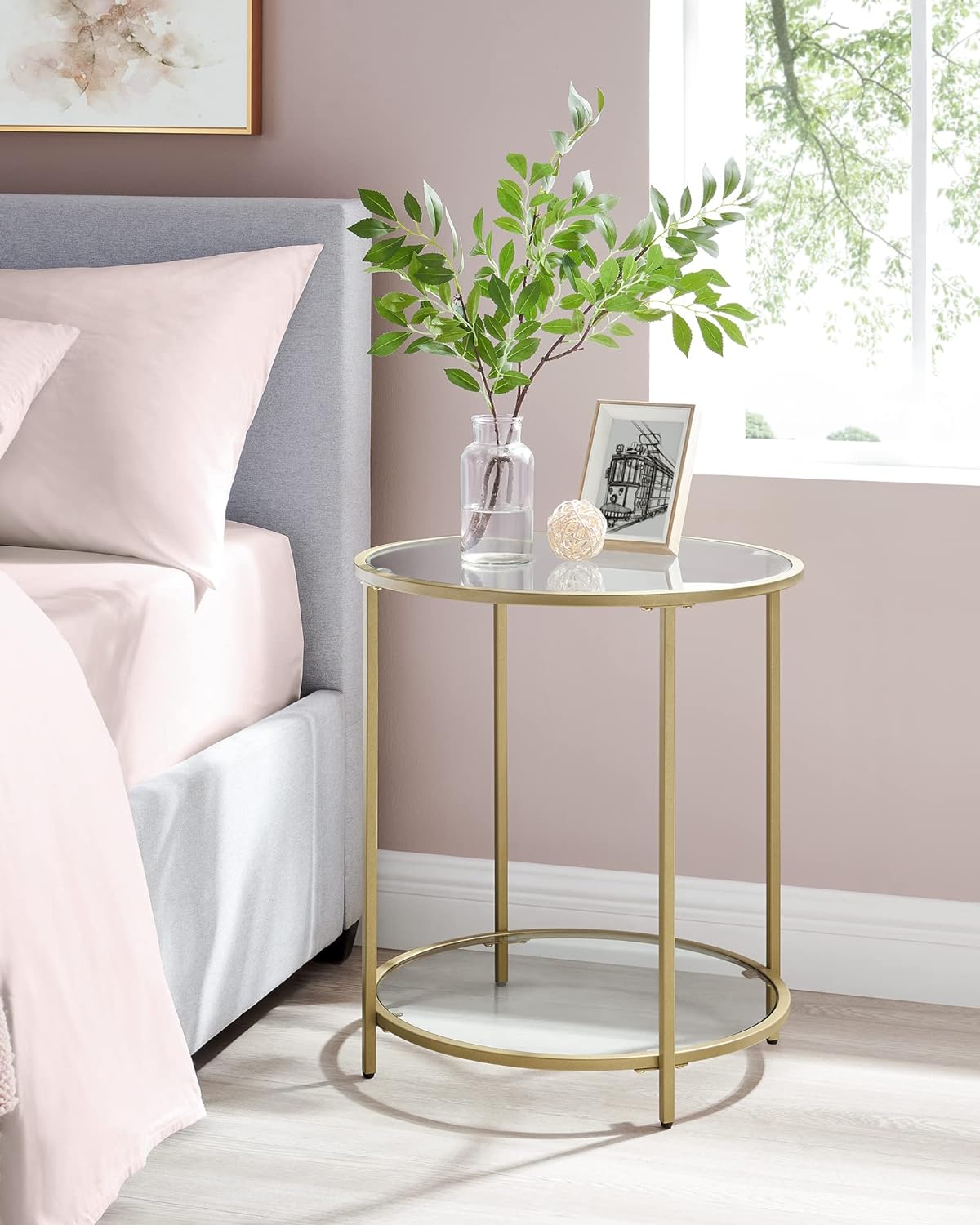 Gold round Side Table, Small Coffee Table, 2-Tier Tempered Glass End Table with Steel Frame