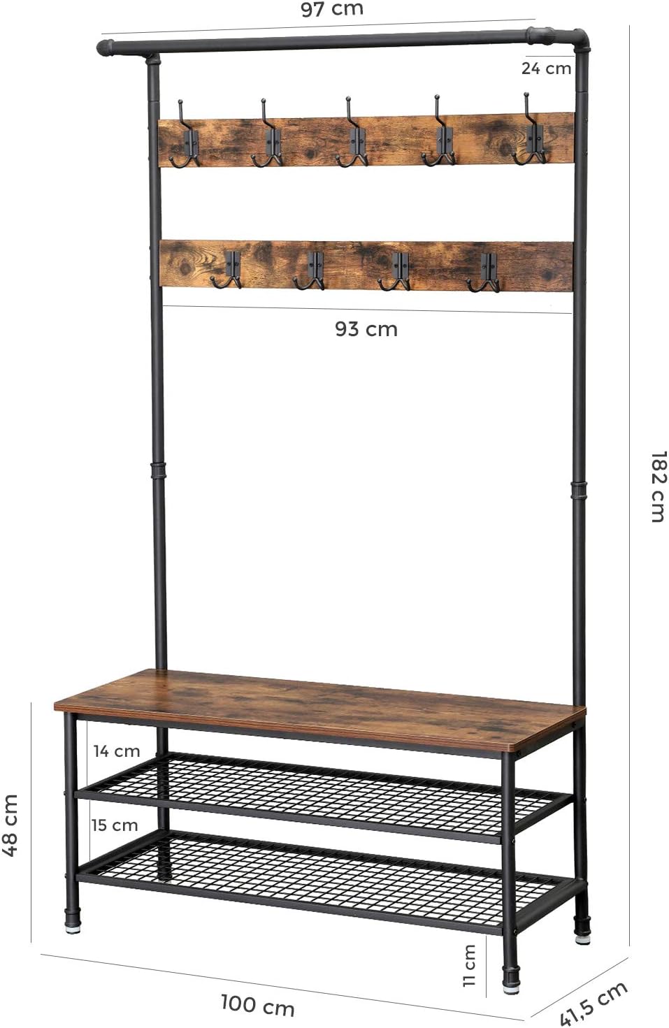 Industrial Style Coat Rack Stand, Large Hall Tree with Bench and Shoe Storage