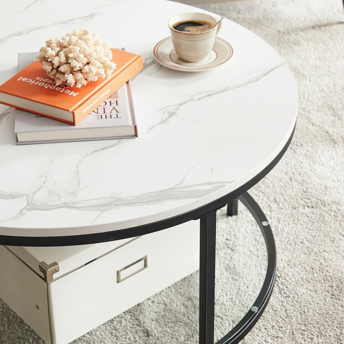 Modern Marble Coffee Table with Tempered Glass Shelf - Easy Assembly, Stylish Living Room Centerpiece in Marble White and Black